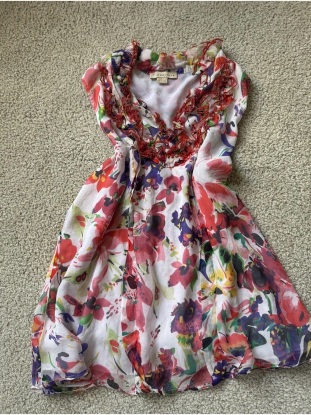 Vintage Forever 21 White Floral Ruffle V-Neck Top with Pink, Purple & Green